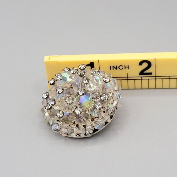 Domed AB Aurora Borealis Brooch Pin Silver Tone Bicone Round Beads Vintage 1950s - Picture 7 of 7